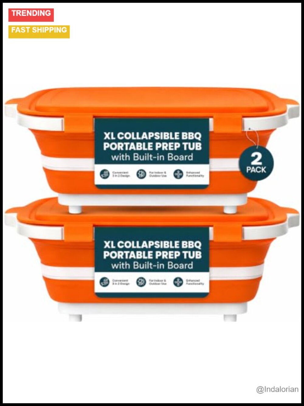 2-Pack XL Collapsible BBQ Prep Tub Cutting Board Lid Strainer 16L